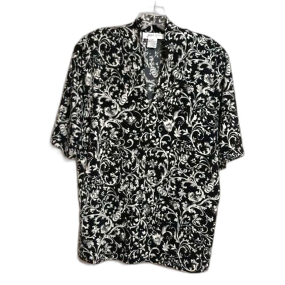Judith Hart Womens Sz XL Blouse Black White Floral Abstract Short Sleeve V-Neck